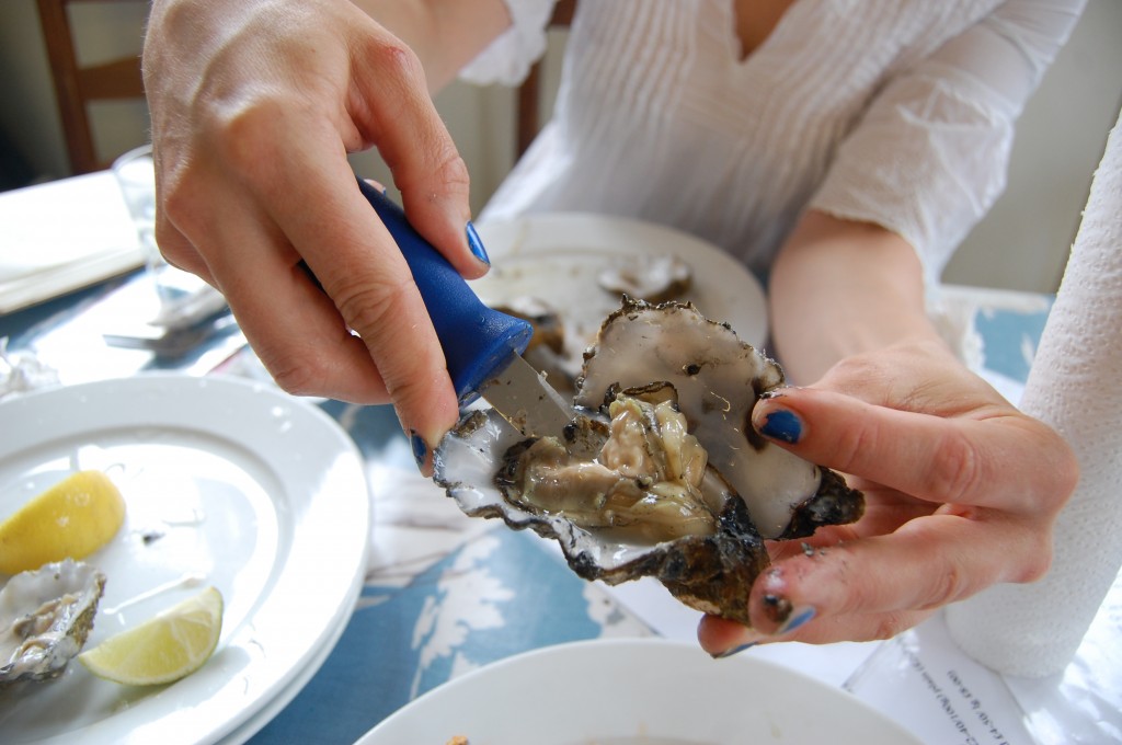 Shucking oysters