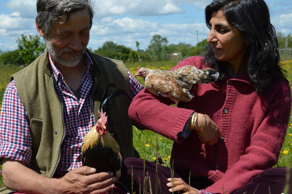 Lutfi and Ruby Raman of Willowbrook Farm in Oxfordshire with some pet bantams. 